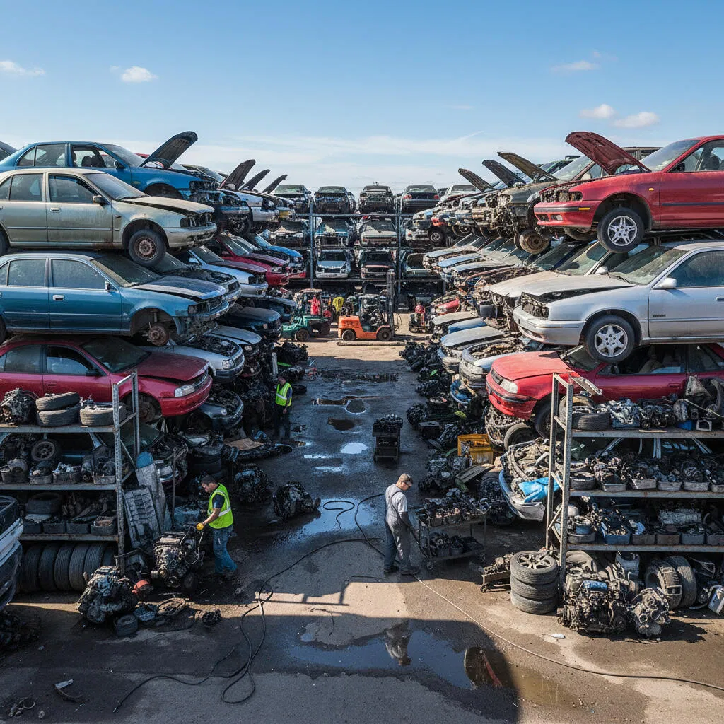 Aerial view of the Cars Need Parts yard with racked vehicles, parts, and technicians working